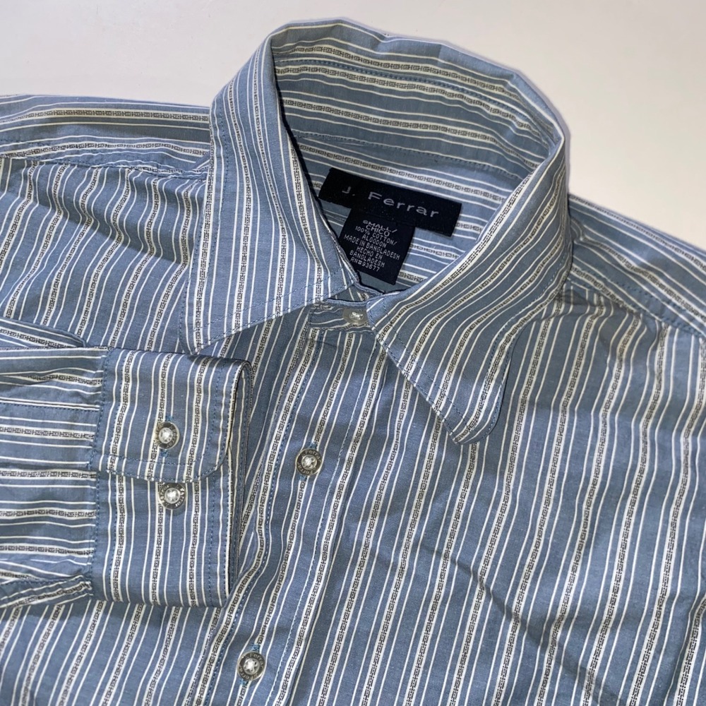 J. Ferrar Mens Small Blue White Striped Long Sleeve Button Down Cotton Shirt